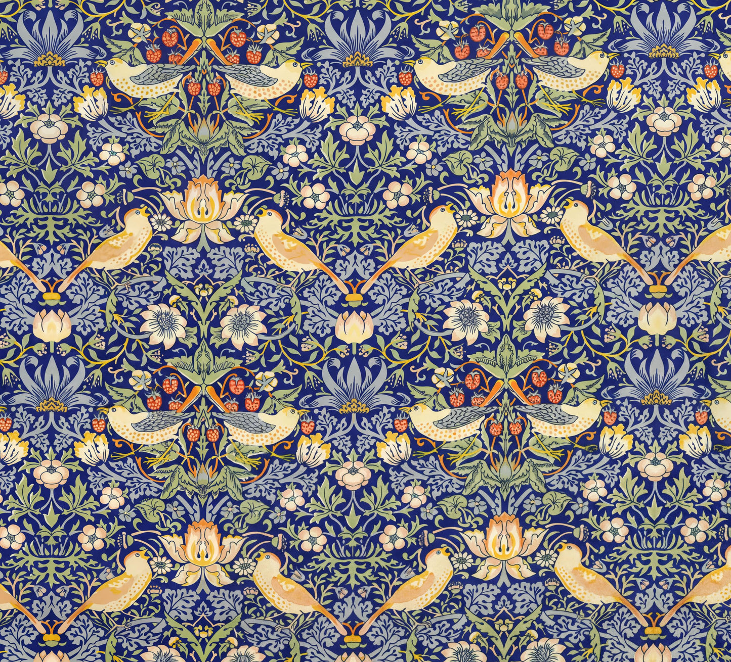 a repeating pattern of blue flowers, yellow birds, and white flowers on a dark blue background.