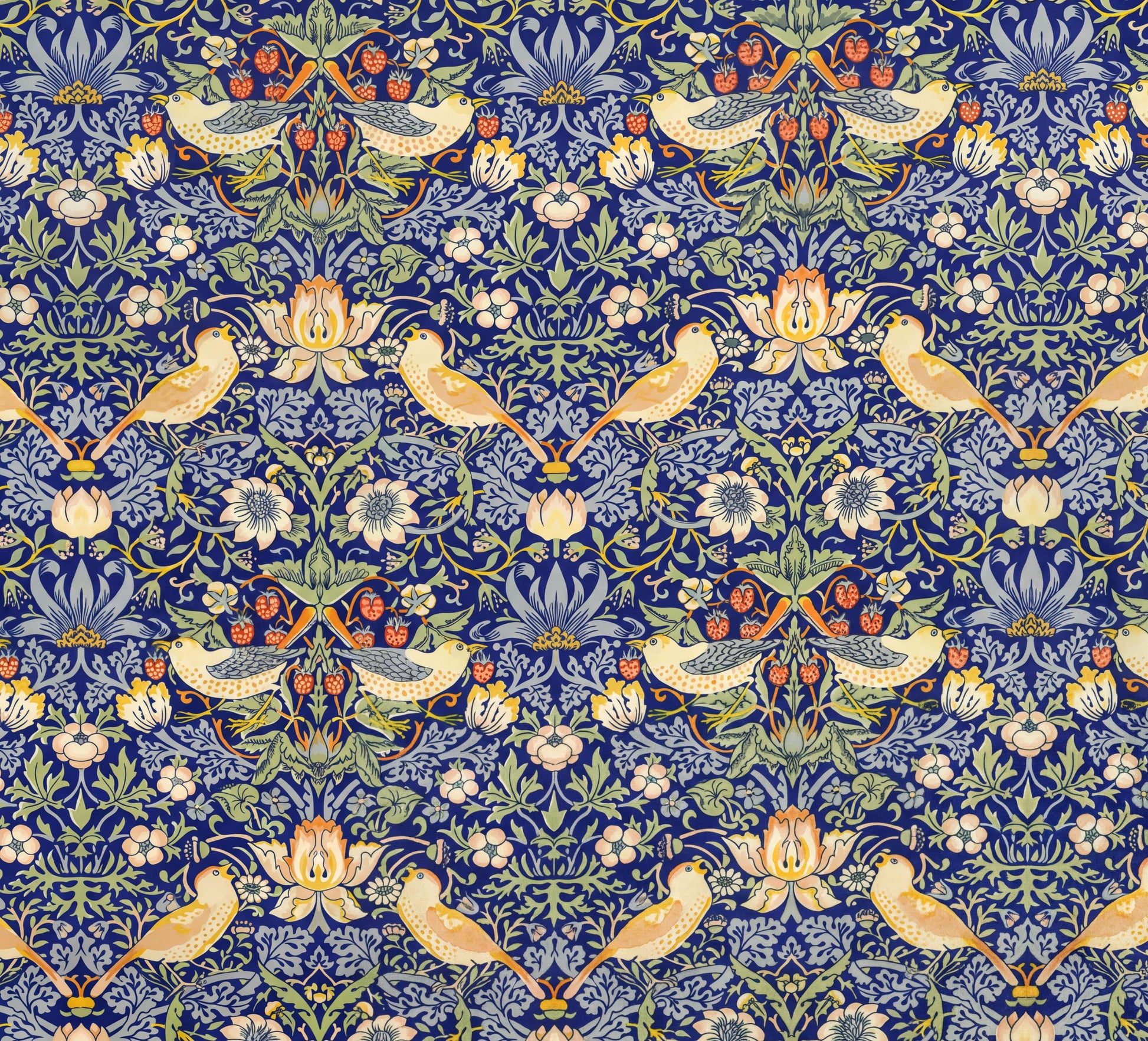 a repeating pattern of blue flowers, yellow birds, and white flowers on a dark blue background.