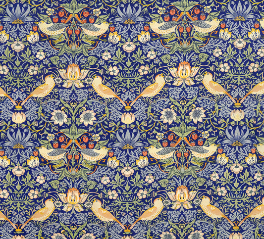 a repeating pattern of blue flowers, yellow birds, and white flowers on a dark blue background.