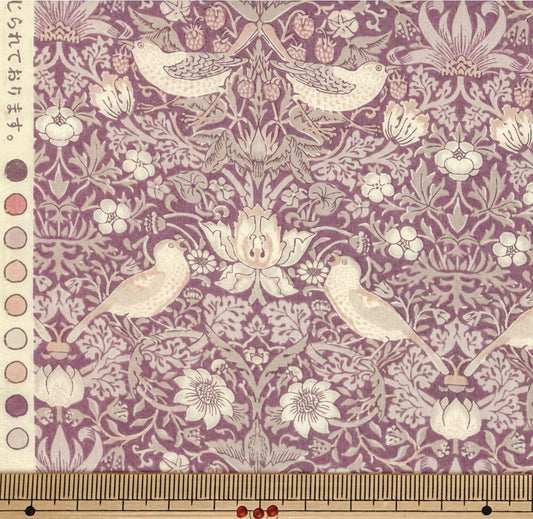 a repeating pattern of birds, flowers, and leaves in shades of purple and pink. The pattern is intricate and detailed, with the birds and flowers arranged in a symmetrical and harmonious manner. The overall design is visually appealing and showcases the artist's skill in capturing the beauty of nature.