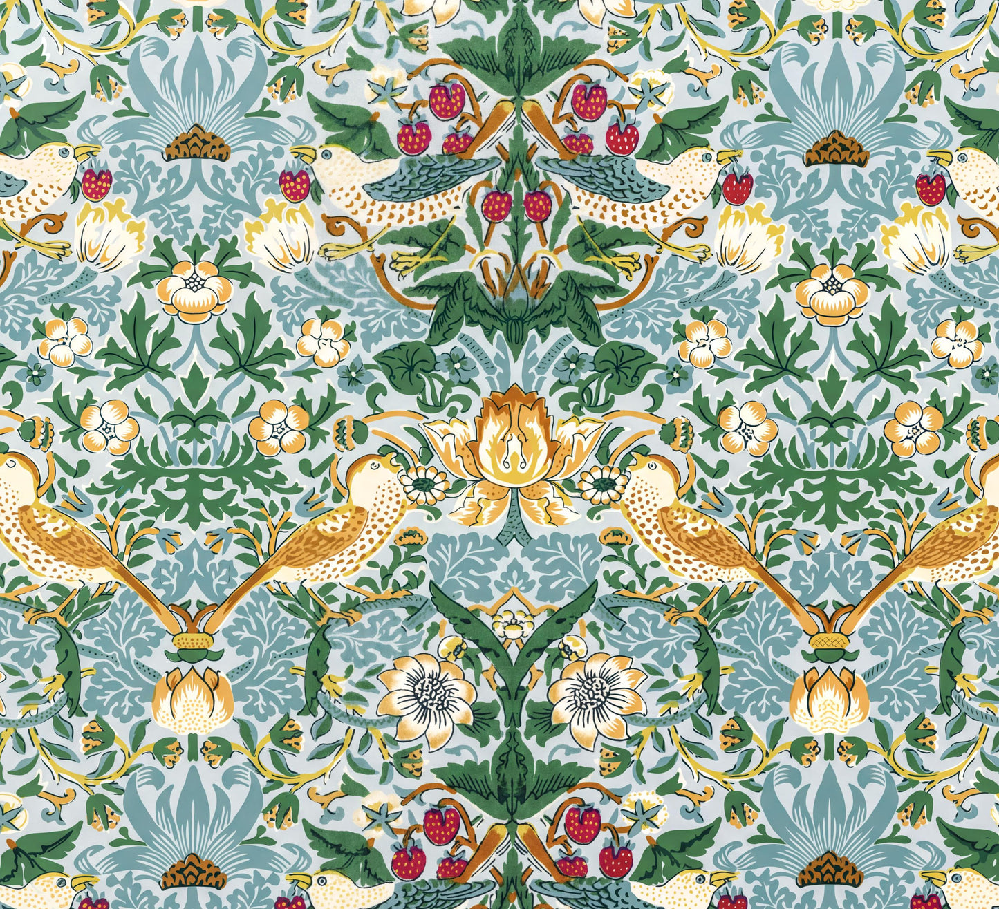 The image is a repeating pattern of various floral and bird motifs in shades of green, yellow, and red. The pattern features intricate designs and detailed elements, creating a visually striking and harmonious composition.
