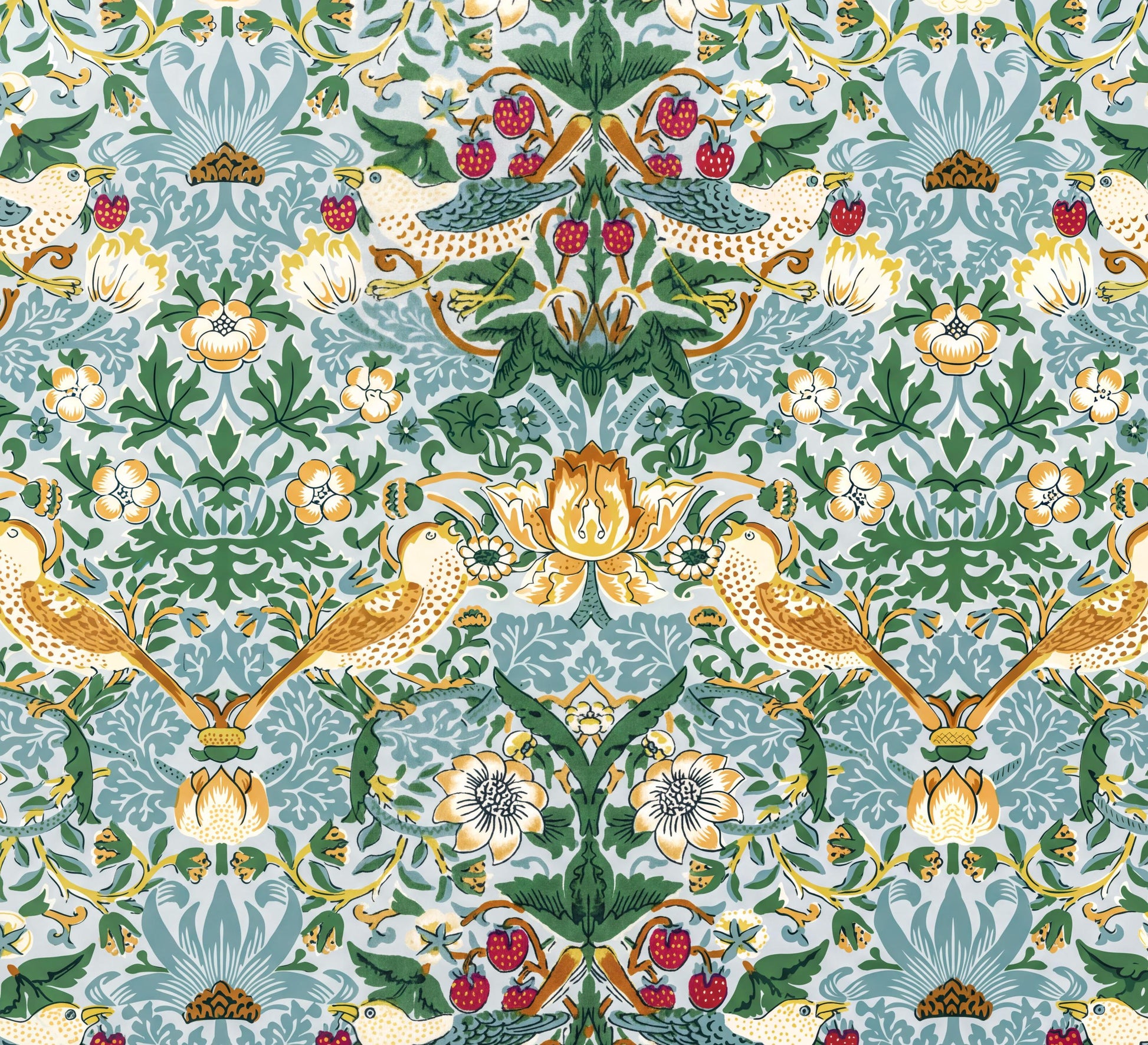 The image is a repeating pattern of various floral and bird motifs in shades of green, yellow, and red. The pattern features intricate designs and detailed elements, creating a visually striking and harmonious composition.