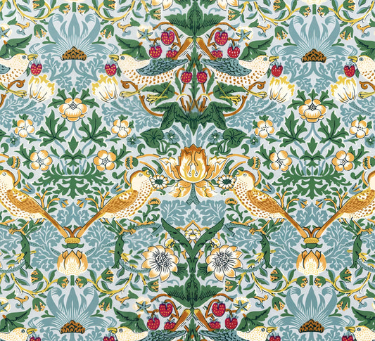 The image is a repeating pattern of various floral and bird motifs in shades of green, yellow, and red. The pattern features intricate designs and detailed elements, creating a visually striking and harmonious composition.