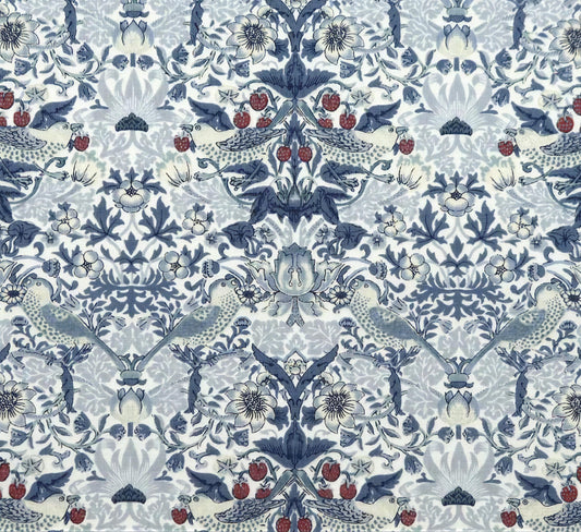 a repeating pattern of blue and white floral designs, including birds, flowers, and berries, creating a visually striking and intricate design.