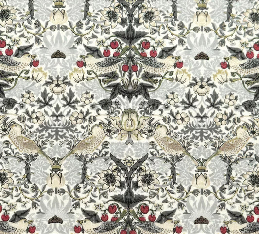 The image is a repeating pattern of birds, flowers, and berries in shades of gray, black, and white.