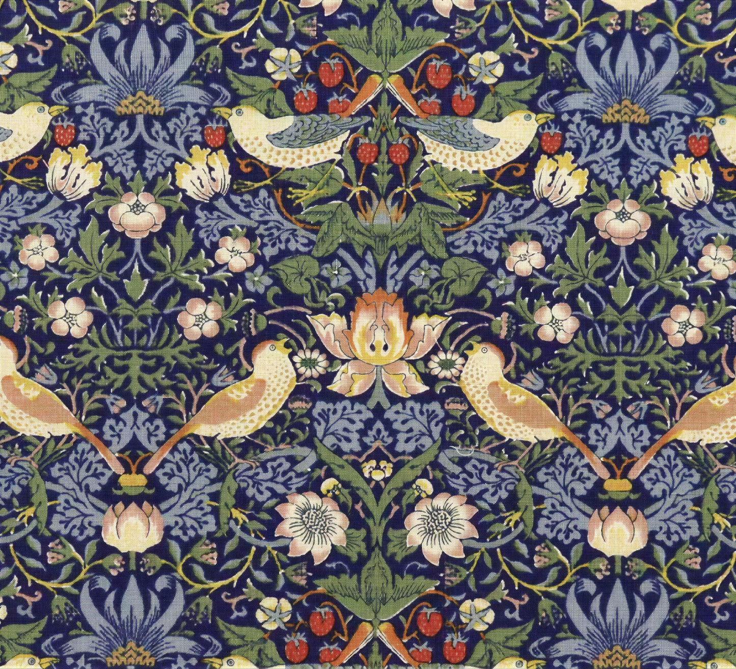 a vibrant and intricate floral and bird pattern, with a repeating design of various flowers, leaves, and birds in shades of blue, green, and yellow.