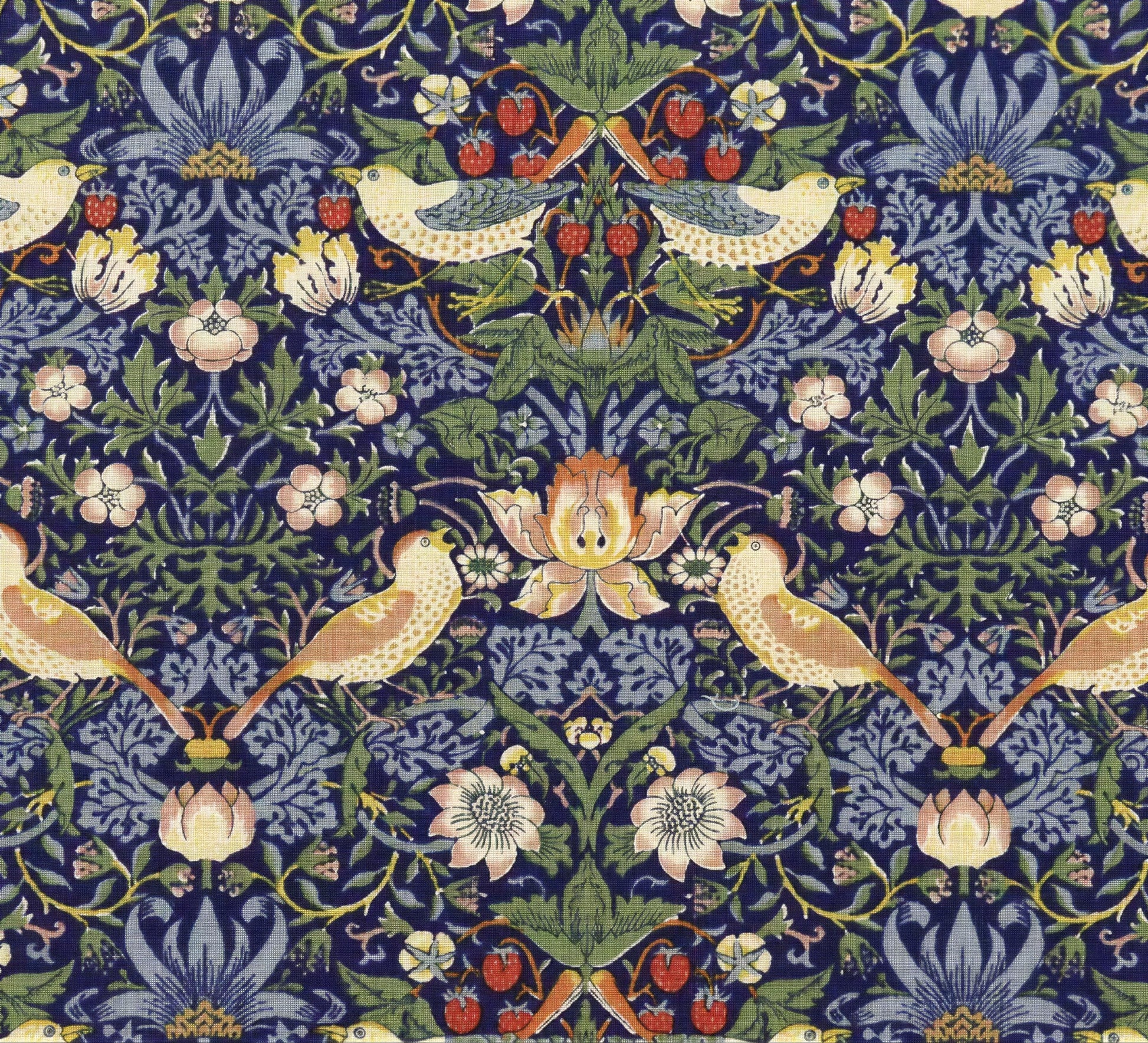 a vibrant and intricate floral and bird pattern, with a repeating design of various flowers, leaves, and birds in shades of blue, green, and yellow.