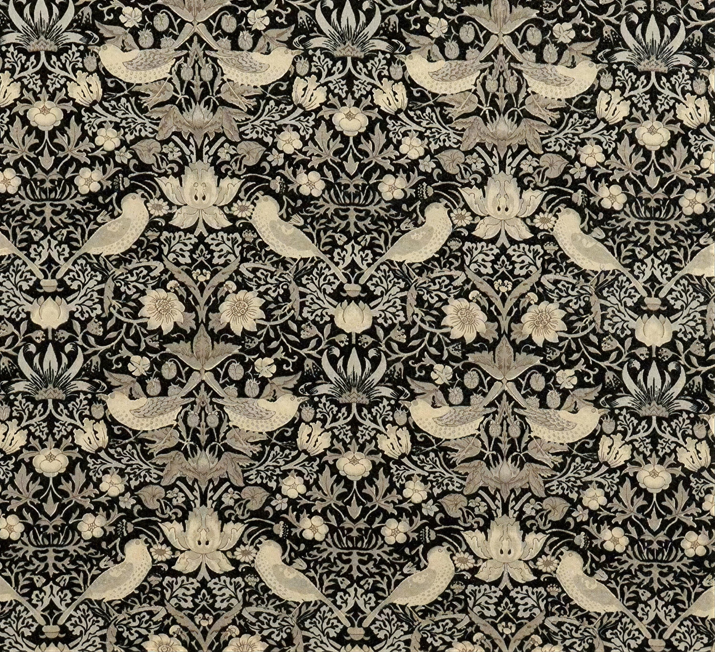 a repeating pattern of birds and flowers in shades of black and white.