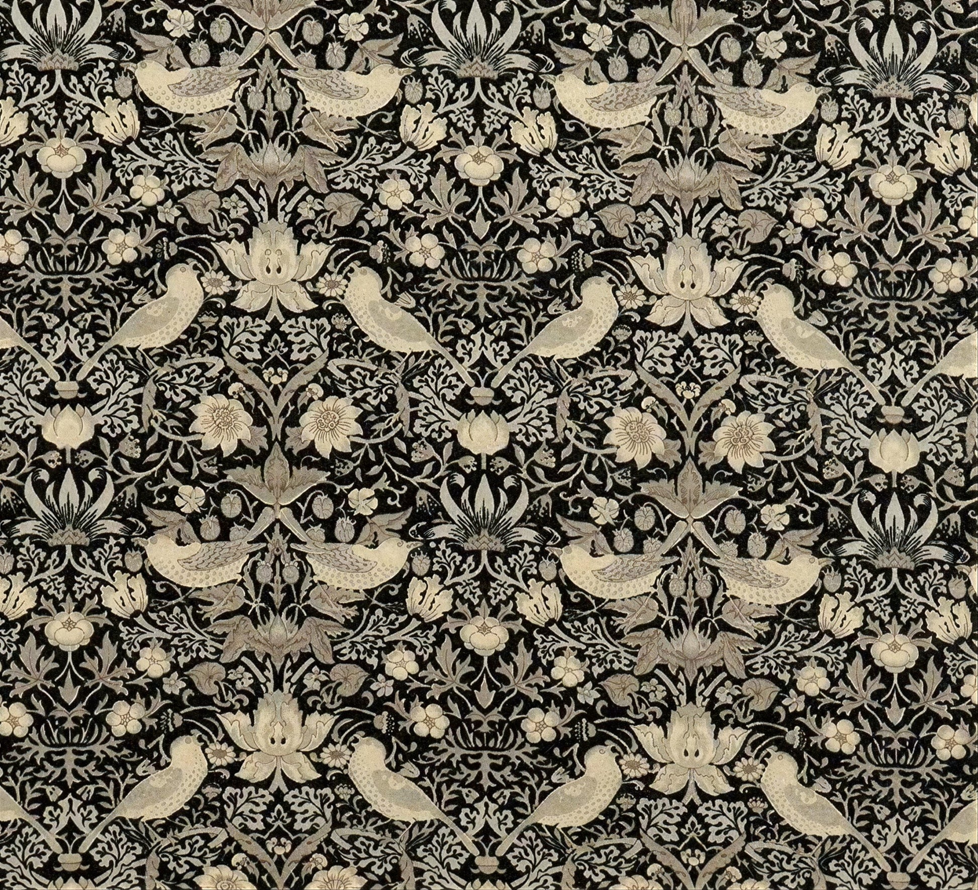 a repeating pattern of birds and flowers in shades of black and white.