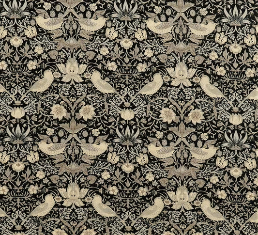 a repeating pattern of birds and flowers in shades of black and white.
