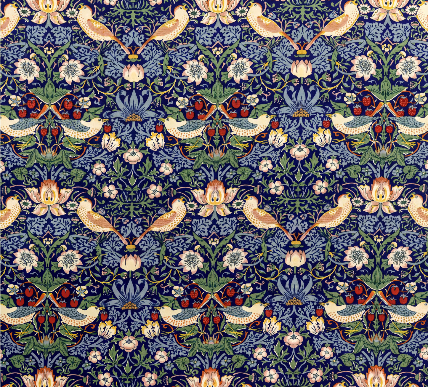 a repeating pattern of birds, flowers, and leaves in shades of blue, green, and yellow against a dark blue background.