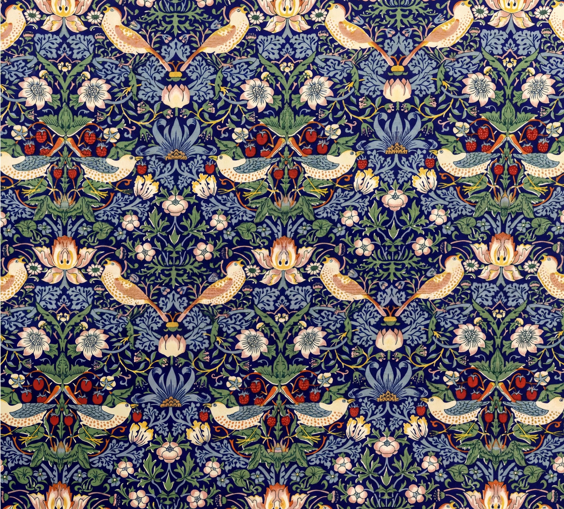 a repeating pattern of birds, flowers, and leaves in shades of blue, green, and yellow against a dark blue background.
