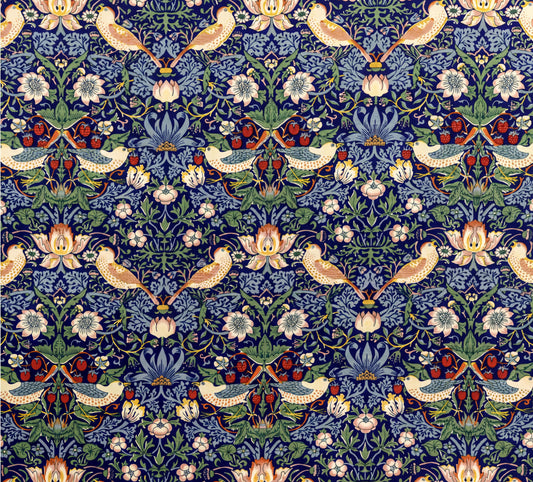a repeating pattern of birds, flowers, and leaves in shades of blue, green, and yellow against a dark blue background.