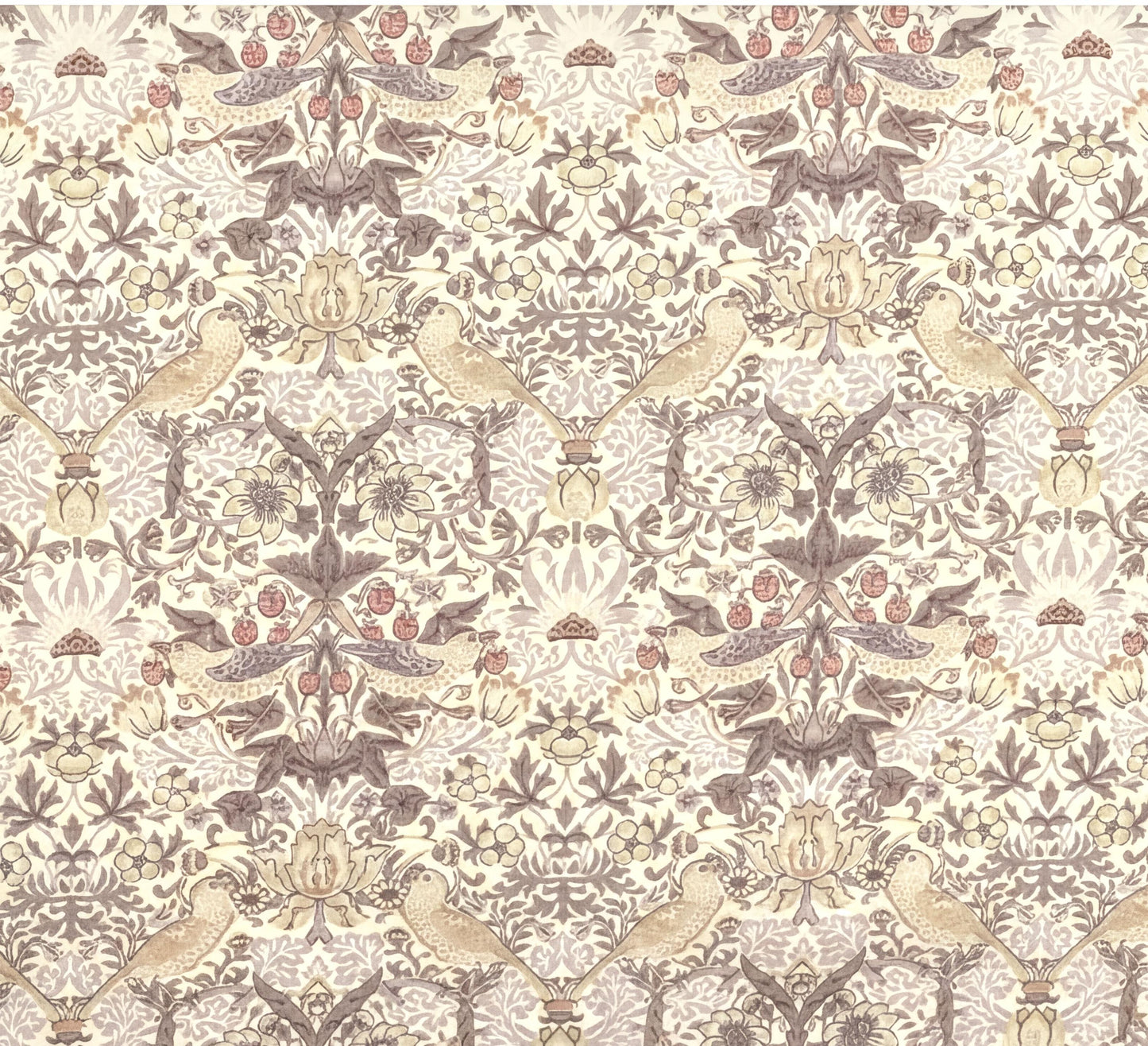 The image is a repeating pattern of birds and flowers in shades of brown and beige.