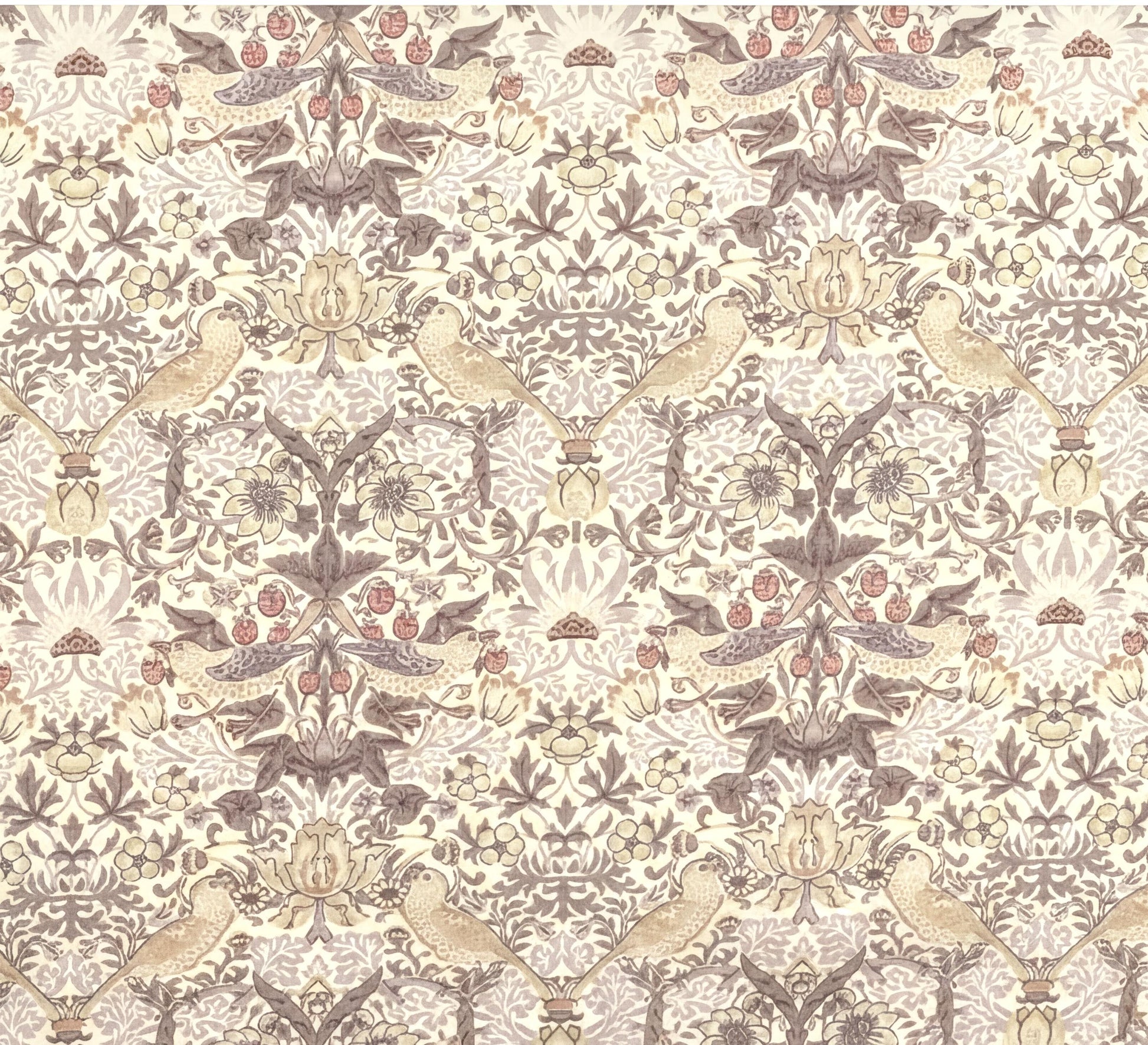 The image is a repeating pattern of birds and flowers in shades of brown and beige.