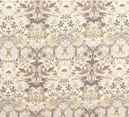The image is a repeating pattern of birds and flowers in shades of brown and beige.