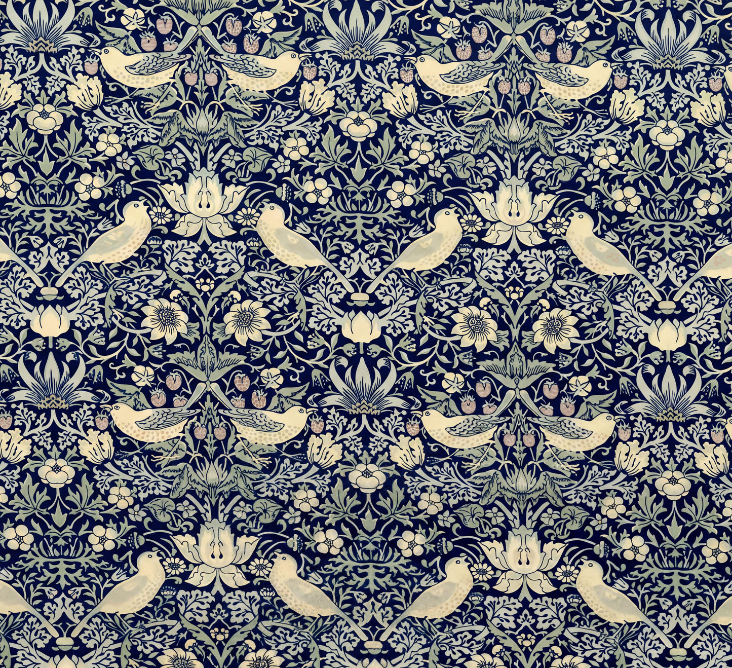 a repeating pattern of white birds and flowers against a dark blue background.