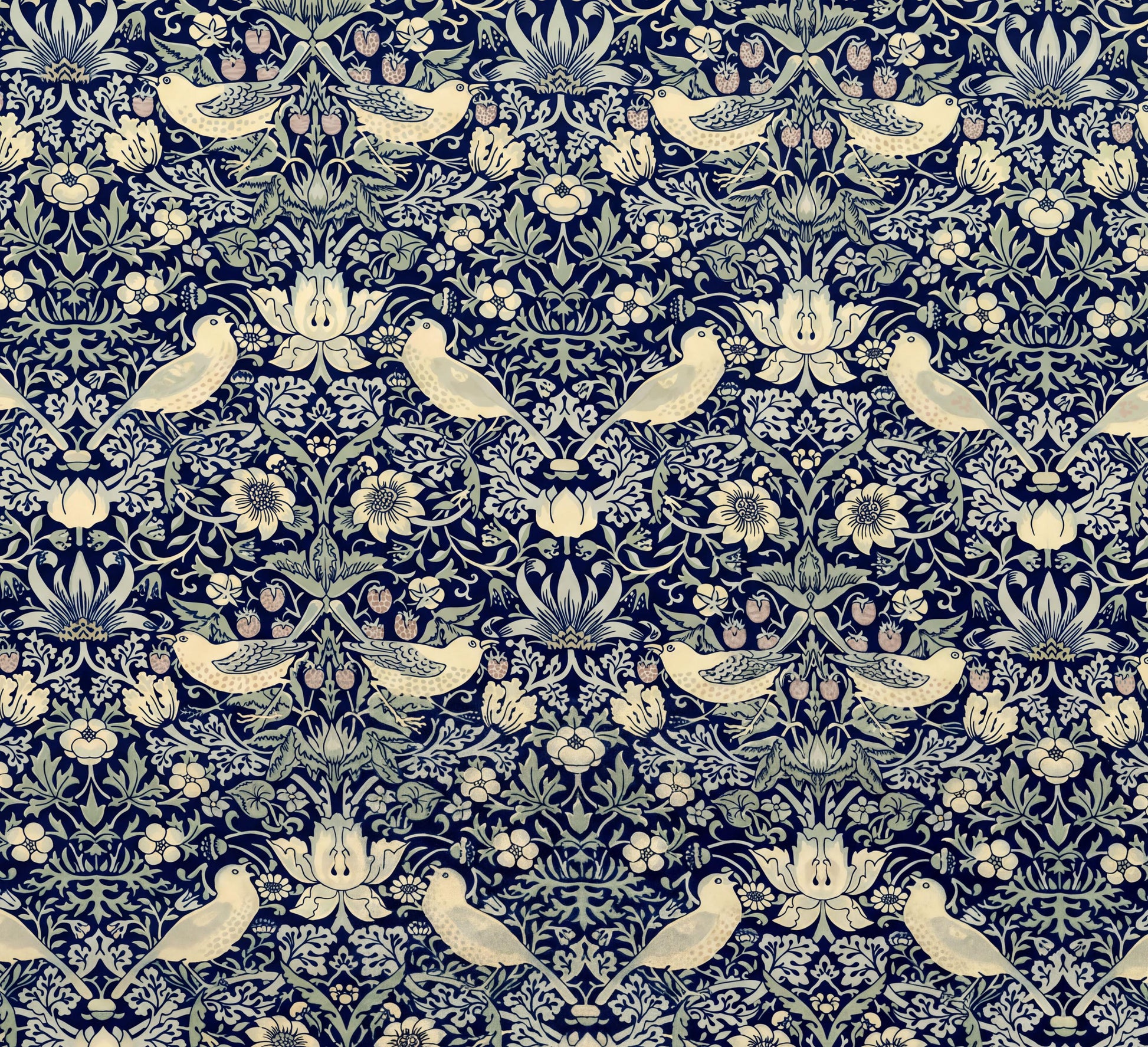 a repeating pattern of white birds and flowers against a dark blue background.