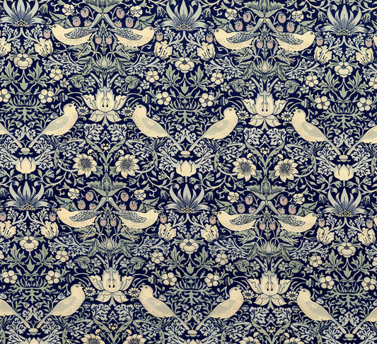 a repeating pattern of white birds and flowers against a dark blue background.
