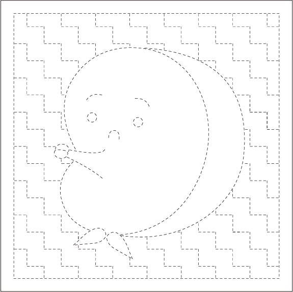 The image is a simple line drawing of a smiling face with two eyes and a nose, outlined by dotted lines.