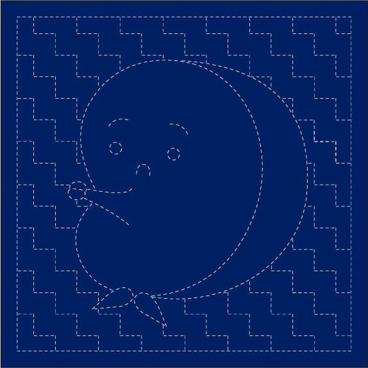 The image is a blue square with a simple, abstract design featuring a large, round shape resembling a face or a head.