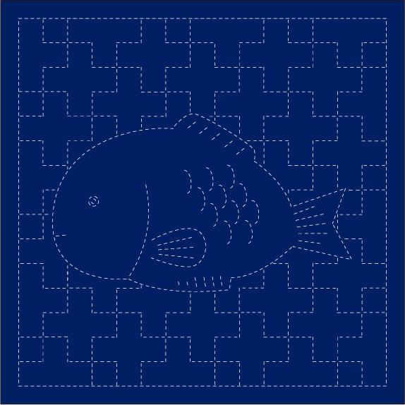 a blue fish with a pointed nose and fins, set against a background of small white dots arranged in a grid-like pattern.