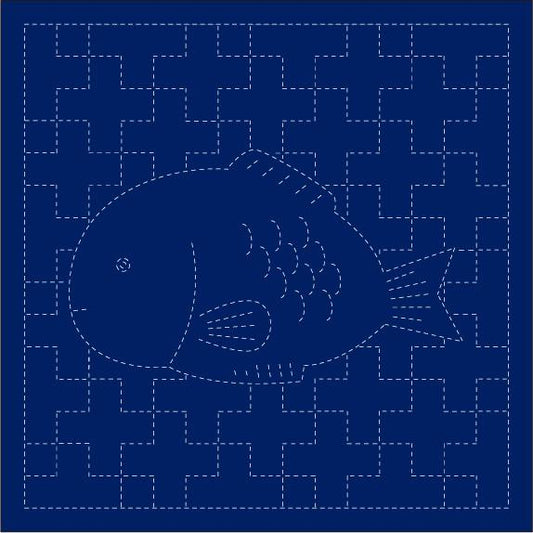 a blue fish with a pointed nose and fins, set against a background of small white dots arranged in a grid-like pattern.