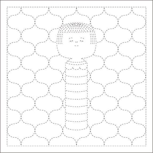 A black and white image depicting a stylized human figure with a simple, geometric design surrounding it.