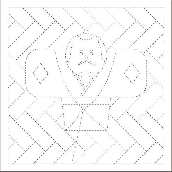 The image is a black and white line drawing featuring a stylized figure with a mustache and beard, surrounded by a geometric pattern.