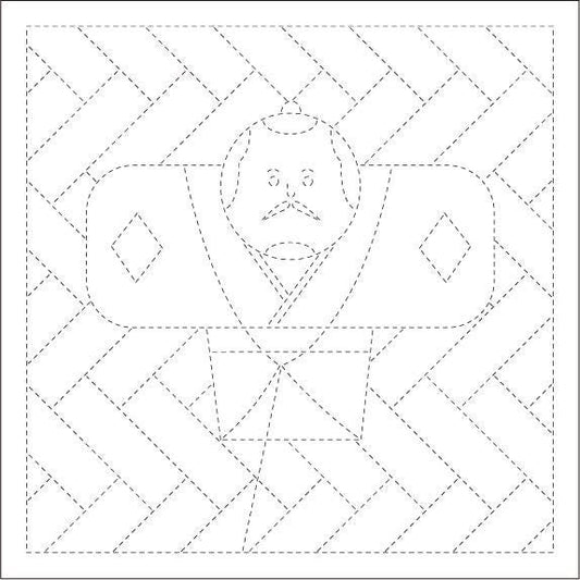 The image is a black and white line drawing featuring a stylized figure with a mustache and beard, surrounded by a geometric pattern.