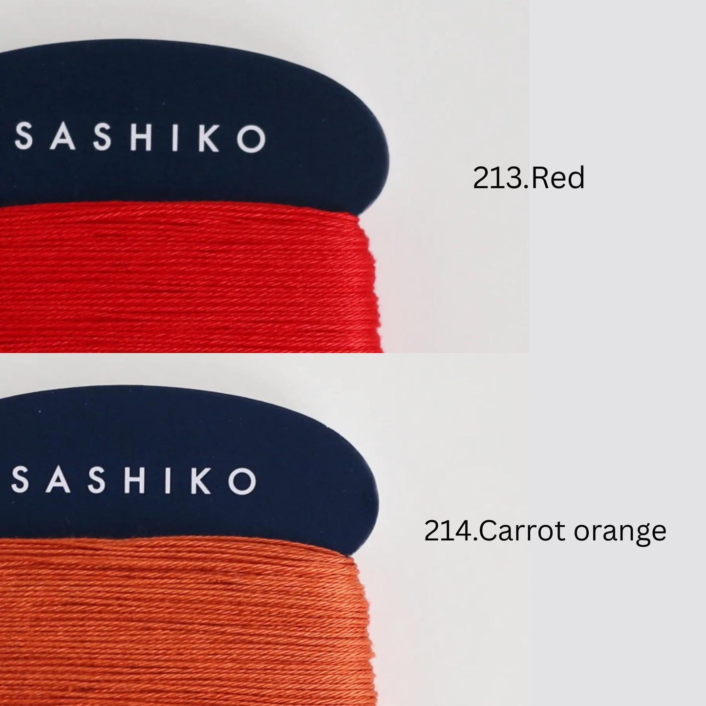 two spools of thread, one in a dark blue color labeled "SASHIKO" and the other in a bright red color labeled "213.Red". The text "214.Carrot orange" is also present in the image.