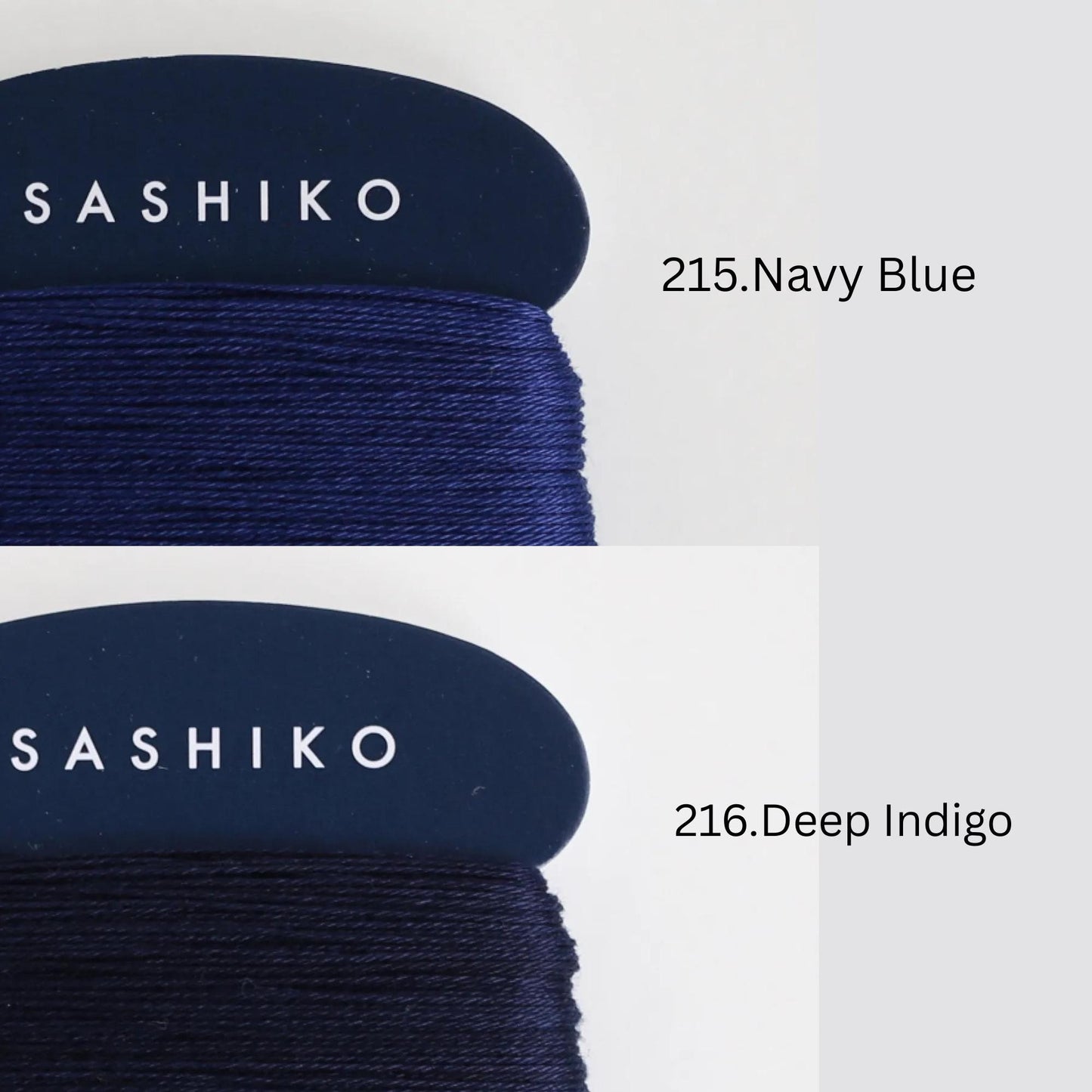 two spools of thread, one labeled "SASHIKO" and the other labeled "215.Navy Blue" and "216.Deep Indigo".