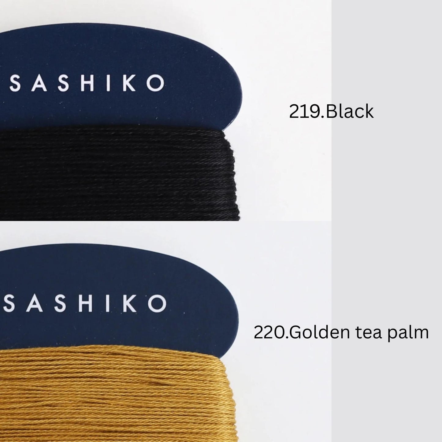 two spools of thread, one in a dark blue color and the other in a black color, with text indicating the color and the price.