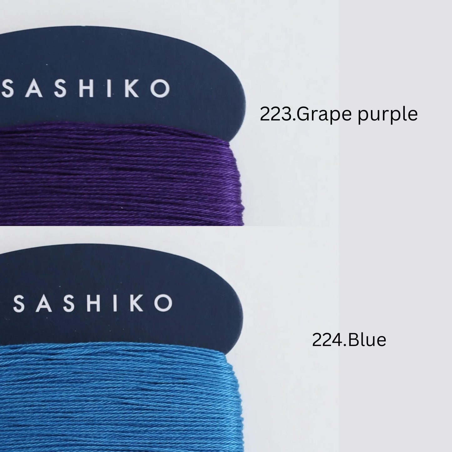 two spools of thread, one in a dark blue color and the other in a lighter blue color, with text indicating the color of each spool.