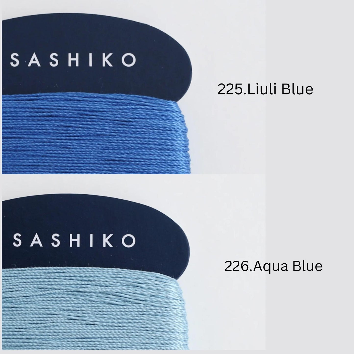 two spools of thread, each with a different color: blue and aqua blue. The blue thread is labeled "SASHIKO" and the aqua blue thread is labeled "226.Aqua Blue".