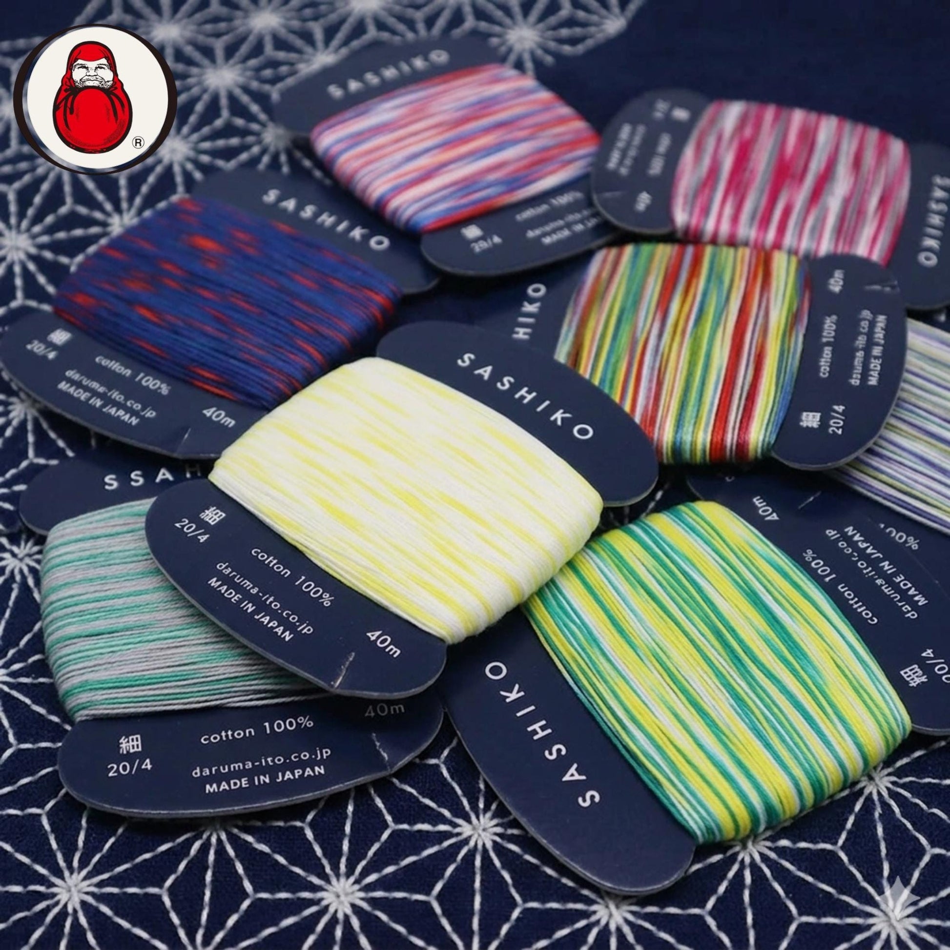 a collection of colorful spools of thread, each with a label indicating the brand and color. The spools are arranged on a patterned fabric background.