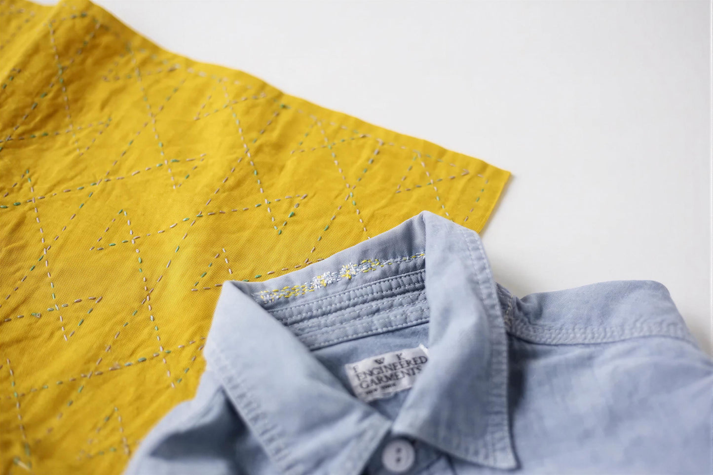 a close-up view of a blue denim shirt with a yellow fabric item, possibly a yellow fabric piece or a yellow fabric-covered object, placed next to the shirt on a white background.