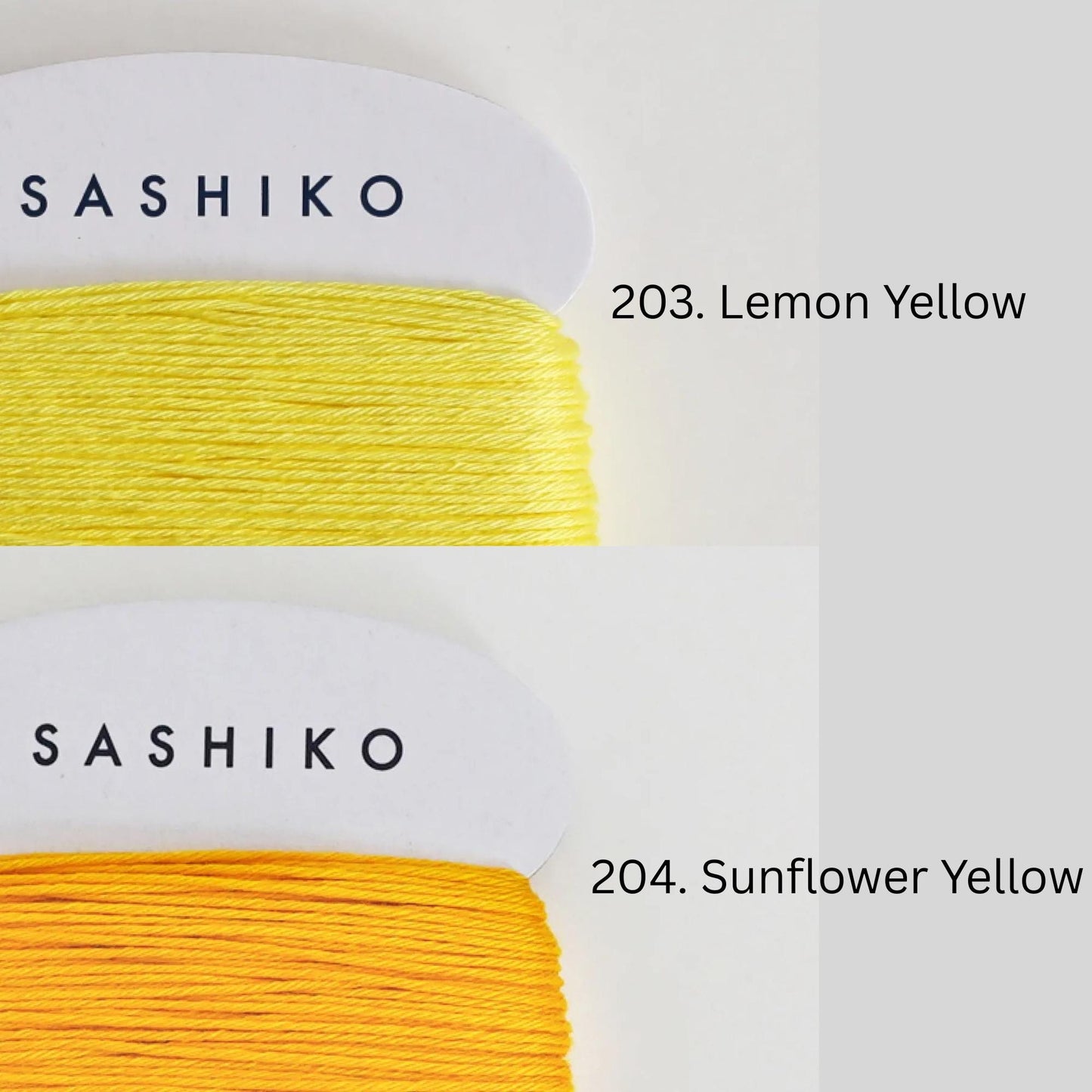 two spools of thread, each with a different color: yellow and yellow. The spools are labeled with the text "SASHIKO" and "SUNFLOWER YELLOW" respectively.