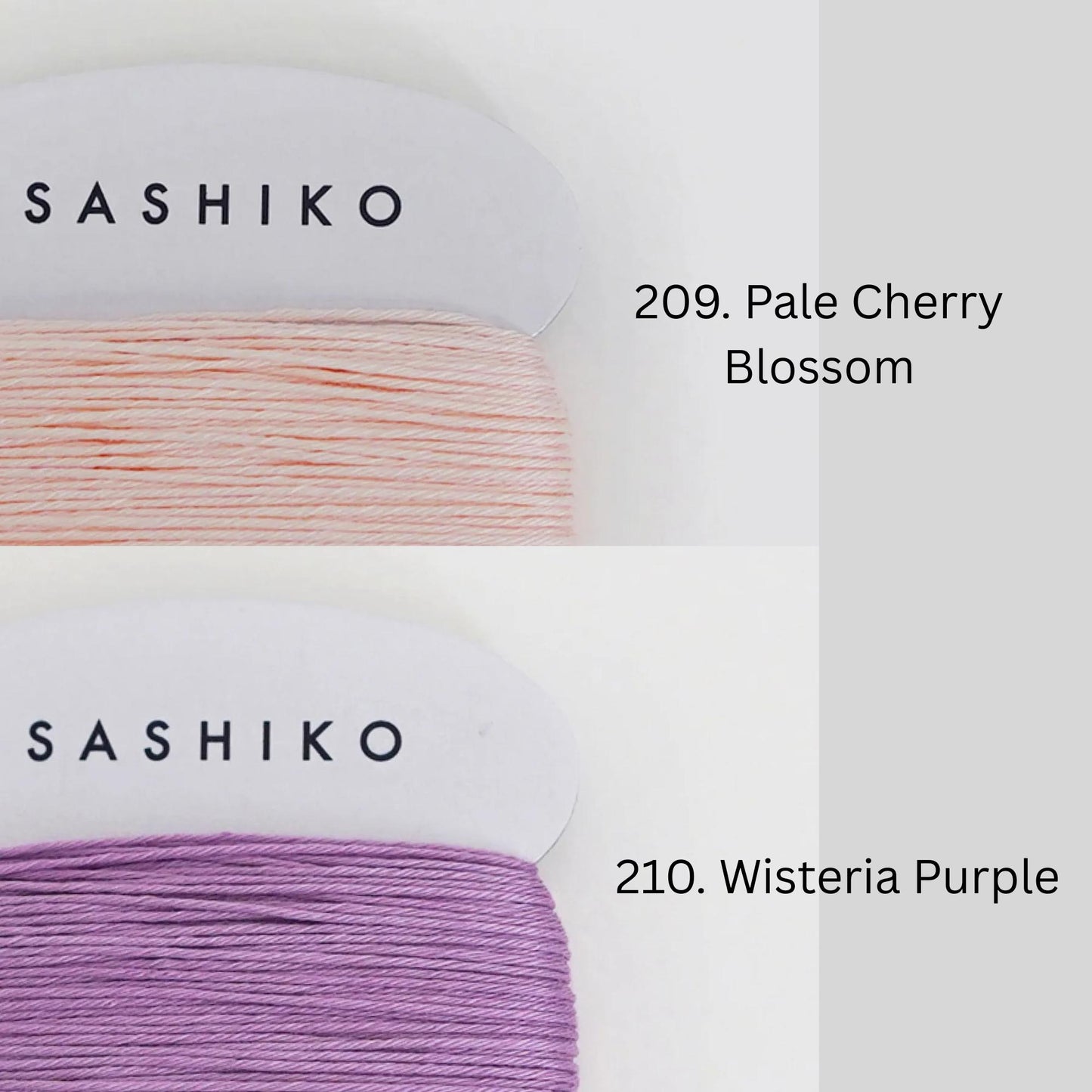 two spools of thread, each with a different color: one is pale pink and the other is purple. The text above the spools reads "SASHIKO" and below them, "209. Pale Cherry Blossom" and "210. Wisteria Purple".