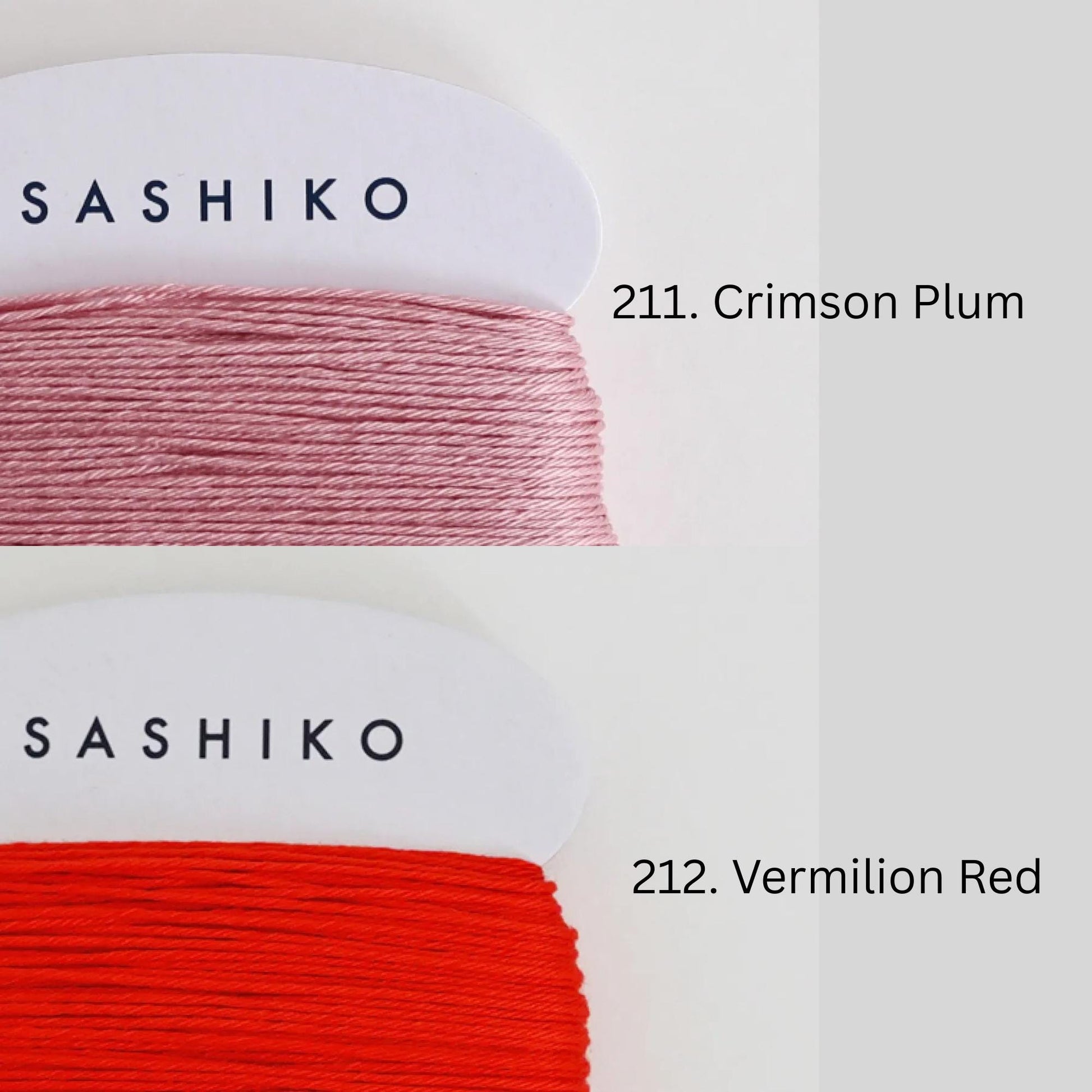two spools of thread, each with a different color: one is a pinkish-red color and the other is a deep red color. The text above the spools reads "SASHIKO" and "211. Crimson Plum" respectively, indicating the brand and color of the thread.