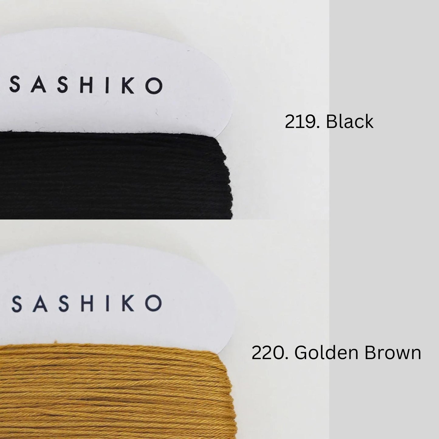 two spools of thread, one labeled "SASHIKO" in black and the other labeled "220. Golden Brown" in gold.