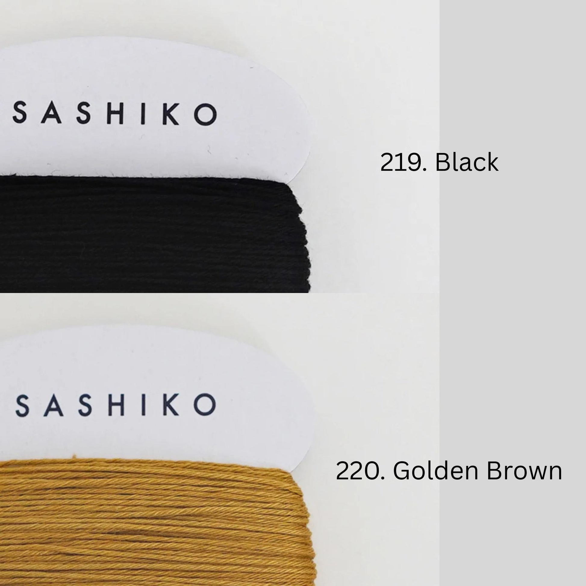 two spools of thread, one labeled "SASHIKO" in black and the other labeled "220. Golden Brown" in gold.