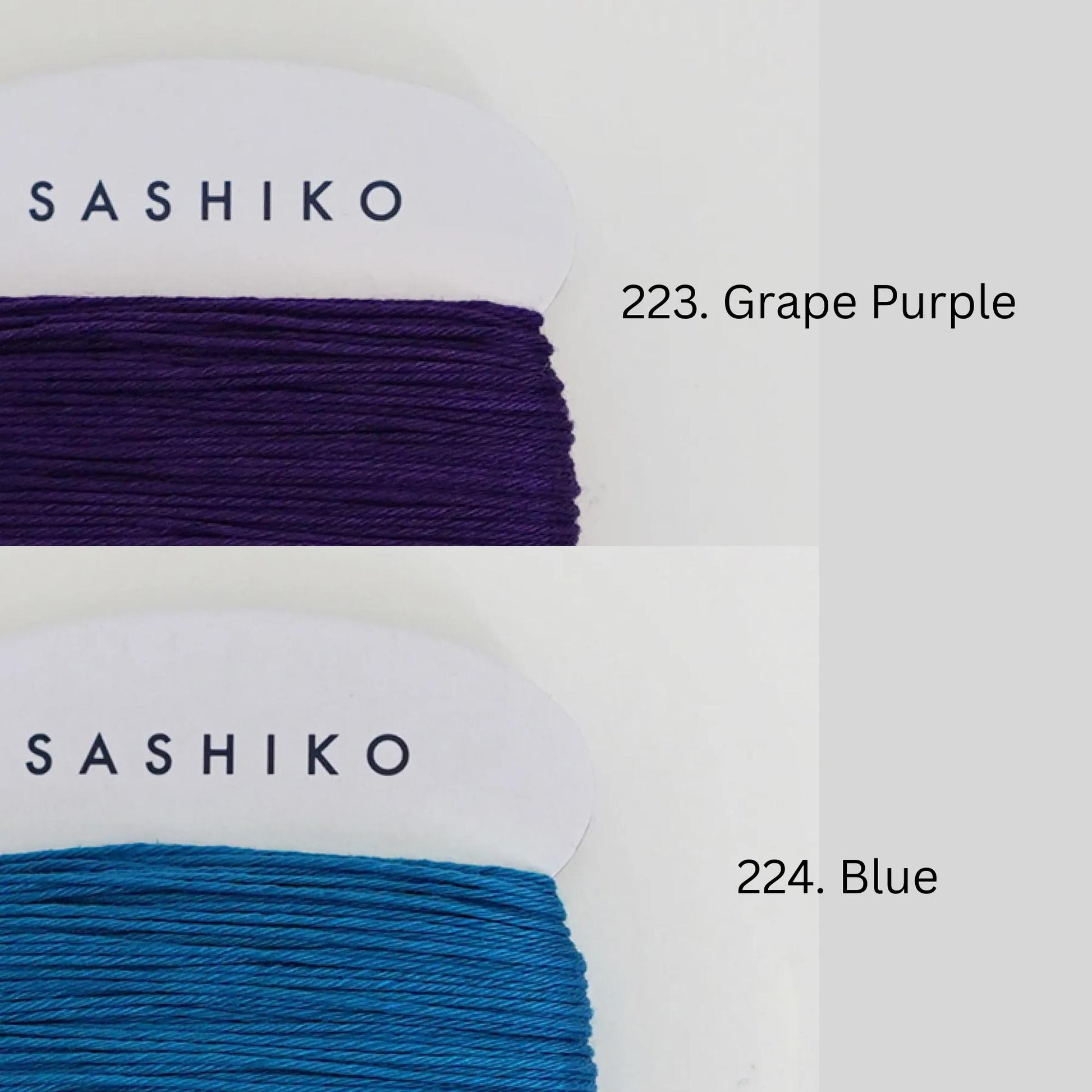 two spools of thread, one with a purple color and the other with a blue color, labeled with their respective names.