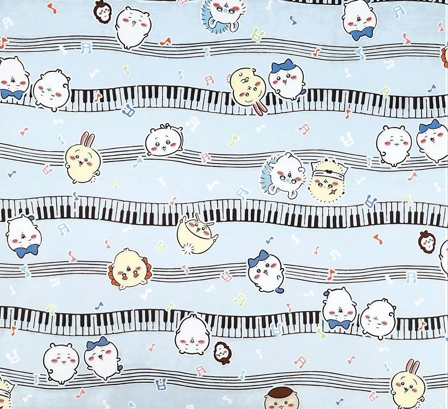 a playful and whimsical pattern of cartoon-style animals and musical instruments arranged in a repeating diagonal line across a light blue background.
