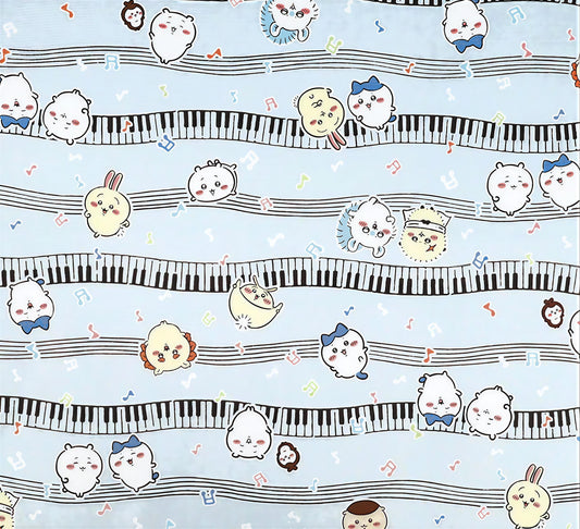 a playful and whimsical pattern of cartoon-style animals and musical instruments arranged in a repeating diagonal line across a light blue background.