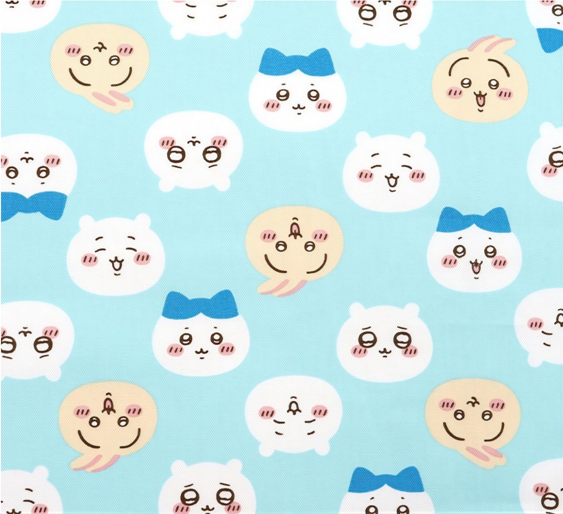 a repeating pattern of cartoon-style faces with exaggerated features, such as large eyes, big noses, and wide smiles, against a light blue background.