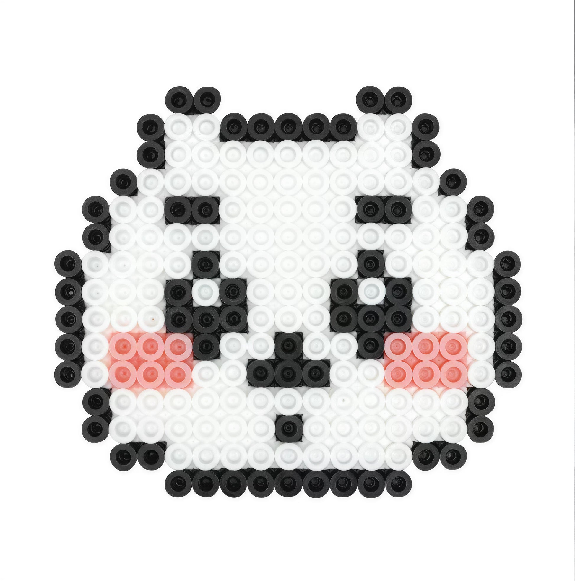 A pixelated image depicting a cute, smiling face composed of small black and white circles.