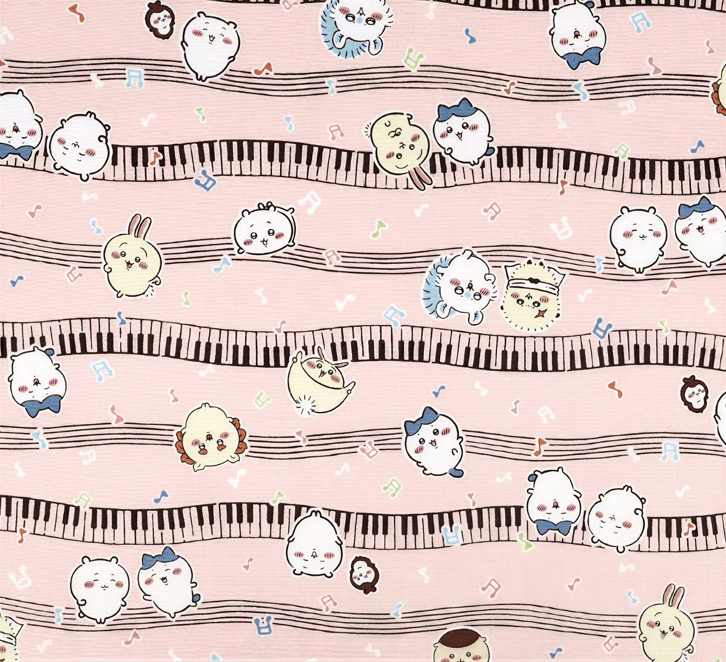 a repeating pattern of cartoon-style cats and musical notes on a pink background.