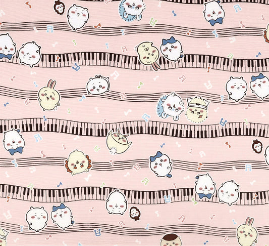 a repeating pattern of cartoon-style cats and musical notes on a pink background.