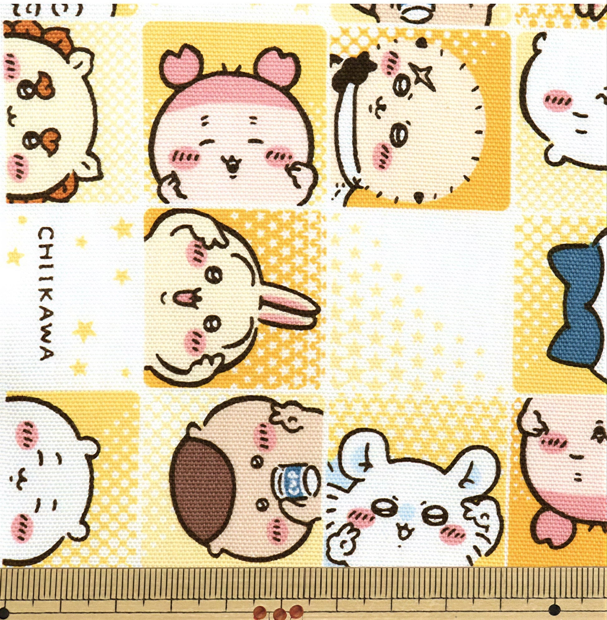 The image is a collage of various cartoon animal faces, including a pink crab, a white rabbit, and other cute animal characters, all set against a yellow and white background with polka dots.